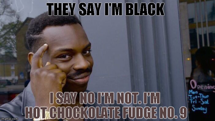 Roll Safe Think About It Meme | THEY SAY I'M BLACK; I SAY NO I'M NOT. I'M HOT CHOCKOLATE FUDGE NO. 9 | image tagged in memes,roll safe think about it | made w/ Imgflip meme maker