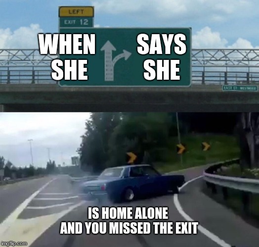 Left Exit 12 Off Ramp Meme | WHEN SHE; SAYS SHE; IS HOME ALONE AND YOU MISSED THE EXIT | image tagged in memes,left exit 12 off ramp | made w/ Imgflip meme maker