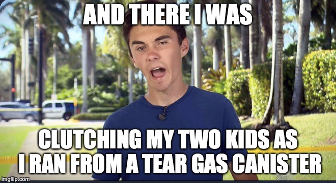 David Hogg | AND THERE I WAS; CLUTCHING MY TWO KIDS AS I RAN FROM A TEAR GAS CANISTER | image tagged in david hogg | made w/ Imgflip meme maker