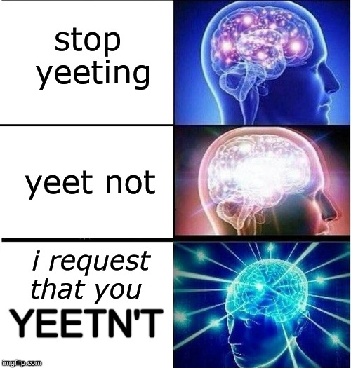 Expanding brain 3 panels | stop yeeting; yeet not; i request that you; YEETN'T | image tagged in expanding brain 3 panels | made w/ Imgflip meme maker