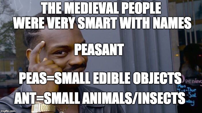 "PEASANT CHILD" | THE MEDIEVAL PEOPLE WERE VERY SMART WITH NAMES; PEASANT; PEAS=SMALL EDIBLE OBJECTS; ANT=SMALL ANIMALS/INSECTS | image tagged in memes,roll safe think about it,pea,ant,child,peasant | made w/ Imgflip meme maker