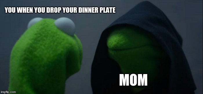 Evil Kermit Meme | YOU WHEN YOU DROP YOUR DINNER PLATE; MOM | image tagged in memes,evil kermit | made w/ Imgflip meme maker