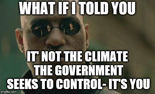 Matrix Morpheus | WHAT IF I TOLD YOU; IT' NOT THE CLIMATE THE GOVERNMENT SEEKS TO CONTROL- IT'S YOU | image tagged in memes,matrix morpheus | made w/ Imgflip meme maker