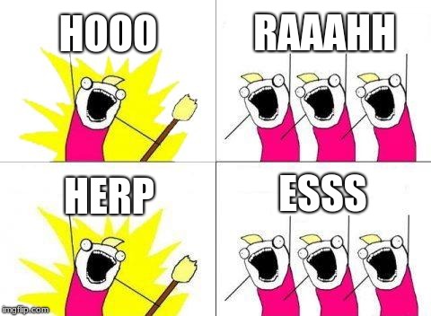 What Do We Want Meme | HOOO; RAAAHH; ESSS; HERP | image tagged in memes,what do we want | made w/ Imgflip meme maker