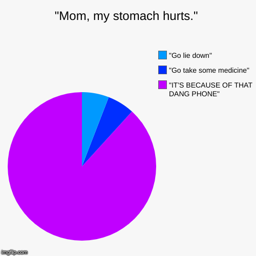 "Mom, my stomach hurts." | "Mom, my stomach hurts." | "IT'S BECAUSE OF THAT DANG PHONE", "Go take some medicine", "Go lie down" | image tagged in funny,pie charts,phone,cell phone,mom | made w/ Imgflip chart maker