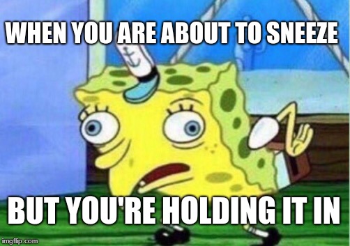 Mocking Spongebob | WHEN YOU ARE ABOUT TO SNEEZE; BUT YOU'RE HOLDING IT IN | image tagged in memes,mocking spongebob | made w/ Imgflip meme maker