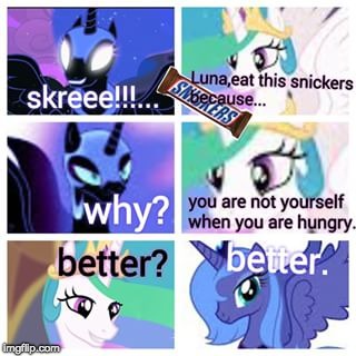 All she needed was a Snickers! | image tagged in memes,eat a snickers,my little pony,princess celestia,princess luna,repost | made w/ Imgflip meme maker