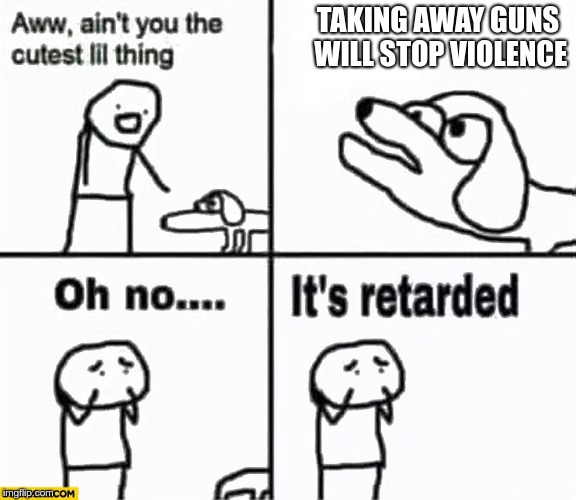 People will always find a way to commit crimes, guns or no guns | TAKING AWAY GUNS WILL STOP VIOLENCE | image tagged in oh no it's retarded,memes,gun control | made w/ Imgflip meme maker