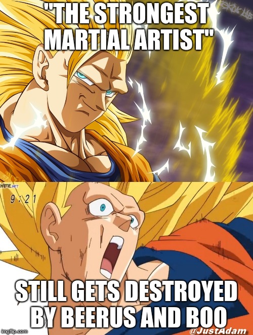 dragon ball super | "THE STRONGEST MARTIAL ARTIST"; STILL GETS DESTROYED BY BEERUS AND BOO | image tagged in dragon ball super | made w/ Imgflip meme maker