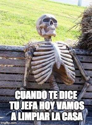 Waiting Skeleton Meme | CUANDO TE DICE TU JEFA HOY VAMOS A LIMPIAR LA CASA | image tagged in memes,waiting skeleton | made w/ Imgflip meme maker