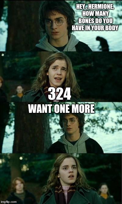 Harry Potter and Hermione | HEY , HERMIONE, HOW MANY BONES DO YOU HAVE IN YOUR BODY; 324; WANT ONE MORE | image tagged in harry potter and hermione | made w/ Imgflip meme maker