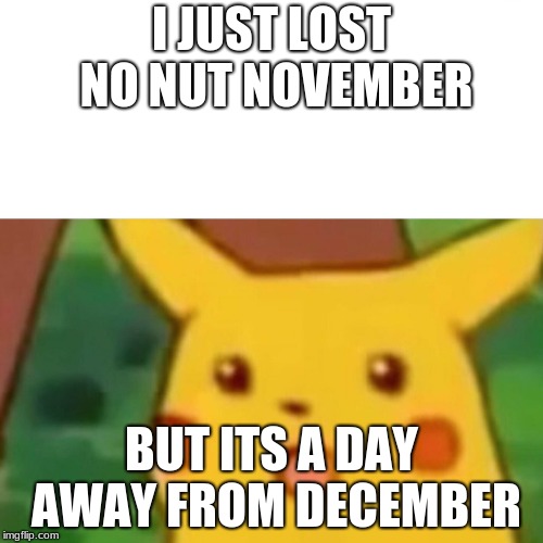 Surprised Pikachu Meme | I JUST LOST NO NUT NOVEMBER; BUT ITS A DAY AWAY FROM DECEMBER | image tagged in memes,surprised pikachu | made w/ Imgflip meme maker