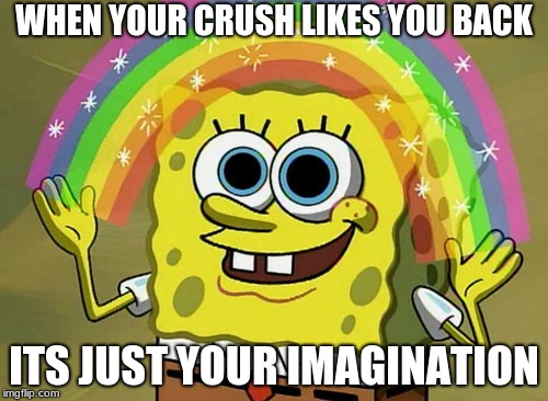 Imagination Spongebob | WHEN YOUR CRUSH LIKES YOU BACK; ITS JUST YOUR IMAGINATION | image tagged in memes,imagination spongebob | made w/ Imgflip meme maker