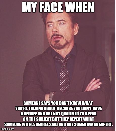 Face You Make Robert Downey Jr Meme | MY FACE WHEN; SOMEONE SAYS YOU DON'T KNOW WHAT YOU'RE TALKING ABOUT BECAUSE YOU DON'T HAVE A DEGREE AND ARE NOT QUALIFIED TO SPEAK ON THE SUBJECT BUT THEY REPEAT WHAT SOMEONE WITH A DEGREE SAID AND ARE SOMEHOW AN EXPERT. | image tagged in memes,face you make robert downey jr | made w/ Imgflip meme maker