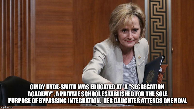 Segregation Academy | CINDY HYDE-SMITH WAS EDUCATED AT  A "SEGREGATION ACADEMY", A PRIVATE SCHOOL ESTABLISHED FOR THE SOLE PURPOSE OF BYPASSING INTEGRATION.  HER DAUGHTER ATTENDS ONE NOW. | image tagged in cindy hyde-smith | made w/ Imgflip meme maker