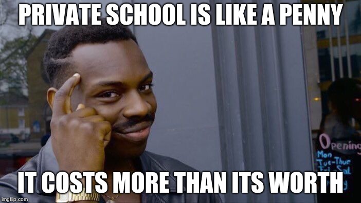 I got to a private school, so i can tell you this firsthand | PRIVATE SCHOOL IS LIKE A PENNY; IT COSTS MORE THAN ITS WORTH | image tagged in memes,roll safe think about it | made w/ Imgflip meme maker