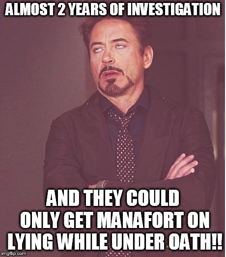 Face You Make Robert Downey Jr Meme | ALMOST 2 YEARS OF INVESTIGATION AND THEY COULD ONLY GET MANAFORT ON LYING WHILE UNDER OATH!! | image tagged in memes,face you make robert downey jr | made w/ Imgflip meme maker
