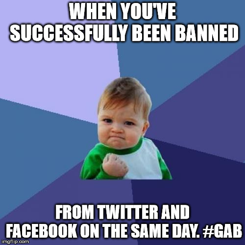Twitter facebook ban Gab | WHEN YOU'VE SUCCESSFULLY BEEN BANNED; FROM TWITTER AND FACEBOOK ON THE SAME DAY. #GAB | image tagged in memes,success kid,twitter,facebook,gab,ban | made w/ Imgflip meme maker