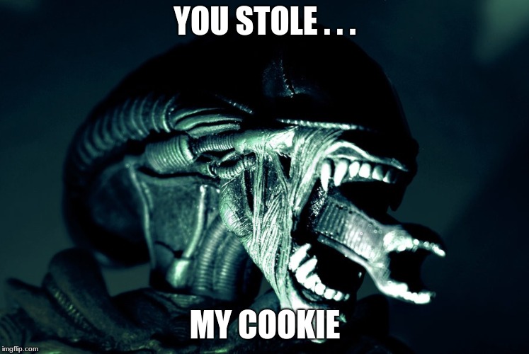 Xenomorph Parenting | YOU STOLE . . . MY COOKIE | image tagged in xenomorph parenting | made w/ Imgflip meme maker