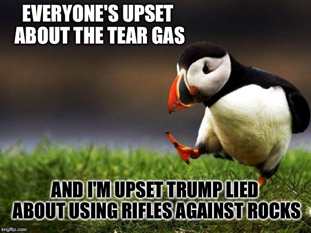 Jk. I guess libs can add this to the list of Trumps lies | EVERYONE'S UPSET ABOUT THE TEAR GAS; AND I'M UPSET TRUMP LIED ABOUT USING RIFLES AGAINST ROCKS | image tagged in memes,unpopular opinion puffin,politics,donald trump,liberal logic | made w/ Imgflip meme maker