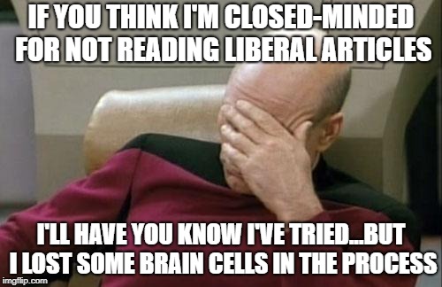 Liberalism kills...brain cells | IF YOU THINK I'M CLOSED-MINDED FOR NOT READING LIBERAL ARTICLES; I'LL HAVE YOU KNOW I'VE TRIED...BUT I LOST SOME BRAIN CELLS IN THE PROCESS | image tagged in memes,captain picard facepalm,funny,liberals,politics | made w/ Imgflip meme maker