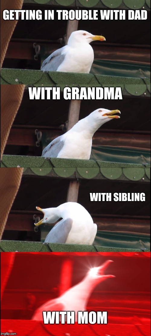 gosh my family sucks | GETTING IN TROUBLE WITH DAD; WITH GRANDMA; WITH SIBLING; WITH MOM | image tagged in memes,inhaling seagull | made w/ Imgflip meme maker