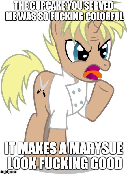 THE CUPCAKE YOU SERVED ME WAS SO FUCKING COLORFUL; IT MAKES A MARYSUE LOOK FUCKING GOOD | image tagged in angry chef gordon ramsay,my little pony | made w/ Imgflip meme maker