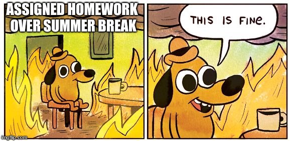 This Is Fine Meme | ASSIGNED HOMEWORK OVER SUMMER BREAK | image tagged in this is fine dog | made w/ Imgflip meme maker