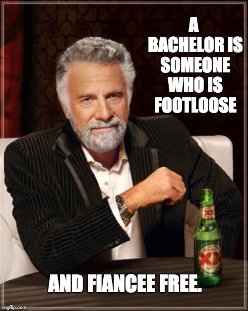 The Most Interesting Man In The World Meme | A BACHELOR IS SOMEONE WHO IS FOOTLOOSE; AND FIANCEE FREE. | image tagged in memes,the most interesting man in the world | made w/ Imgflip meme maker
