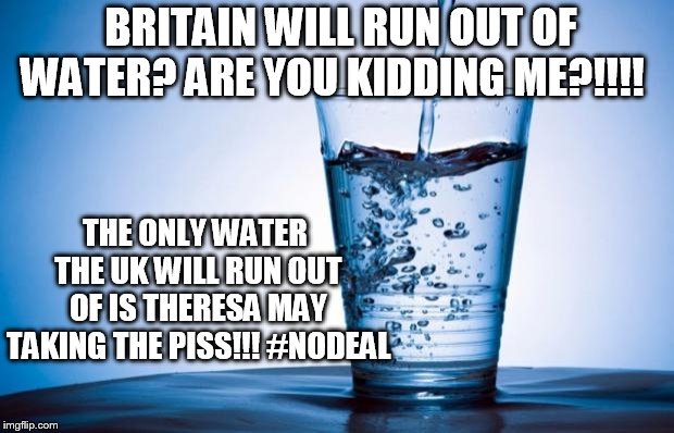 Water | BRITAIN WILL RUN OUT OF WATER? ARE YOU KIDDING ME?!!!! THE ONLY WATER THE UK WILL RUN OUT OF IS THERESA MAY TAKING THE PISS!!! #NODEAL | image tagged in water | made w/ Imgflip meme maker