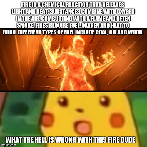 FIRE IS A CHEMICAL REACTION THAT RELEASES LIGHT AND HEAT. SUBSTANCES COMBINE WITH OXYGEN IN THE AIR, COMBUSTING WITH A FLAME AND OFTEN SMOKE. FIRES REQUIRE FUEL, OXYGEN AND HEAT TO BURN. DIFFERENT TYPES OF FUEL INCLUDE COAL, OIL AND WOOD. WHAT THE HELL IS WRONG WITH THIS FIRE DUDE | image tagged in funny | made w/ Imgflip meme maker