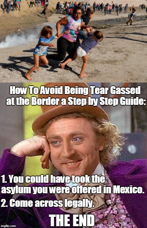 How to avoid being tear gassed at the border a step by step guide... | How To Avoid Being Tear Gassed at the Border a Step by Step Guide:; 1. You could have took the asylum you were offered in Mexico. 2. Come across legally. THE END | image tagged in memes,creepy condescending wonka,tear gas,border,illegal immigrants,migrant caravan | made w/ Imgflip meme maker