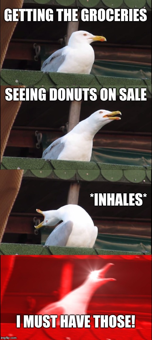 Inhaling Seagull Meme | GETTING THE GROCERIES; SEEING DONUTS ON SALE; *INHALES*; I MUST HAVE THOSE! | image tagged in memes,inhaling seagull | made w/ Imgflip meme maker