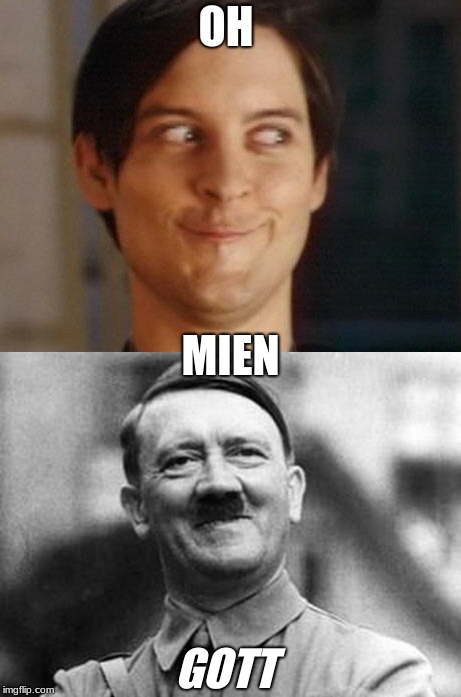 I realized this after making the last one... That is friggin' CREEPY | OH; MIEN; GOTT | image tagged in memes,spiderman peter parker,adolf hitler | made w/ Imgflip meme maker