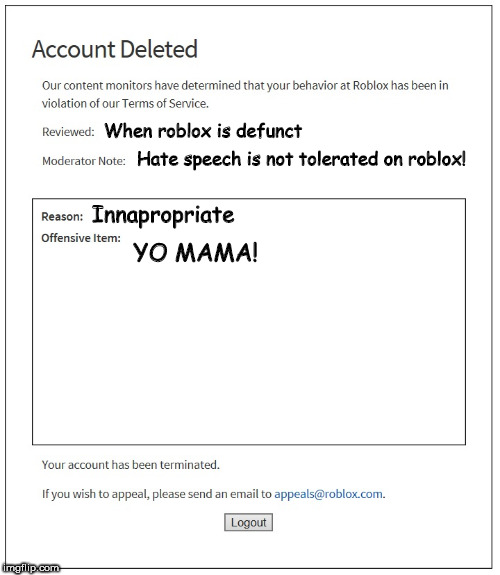 Holy ROBLOXIAN! | When roblox is defunct; Hate speech is not tolerated on roblox! Innapropriate; YO MAMA! | image tagged in banned from roblox | made w/ Imgflip meme maker