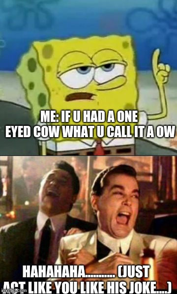 ME: IF U HAD A ONE EYED COW WHAT U CALL IT A OW; HAHAHAHA........... (JUST ACT LIKE YOU LIKE HIS JOKE....) | image tagged in memes,ill have you know spongebob,lol good fellas | made w/ Imgflip meme maker