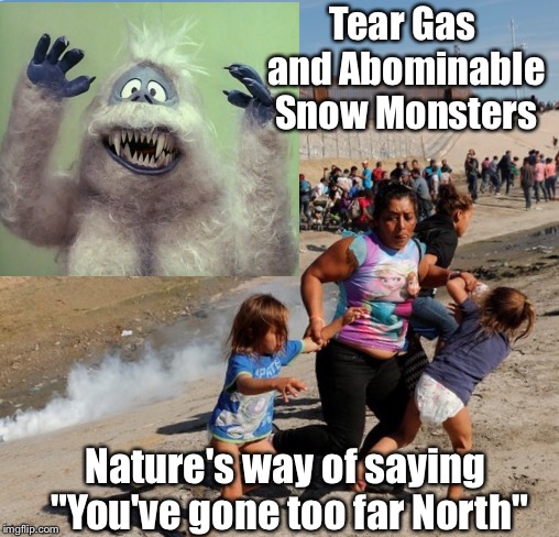 Her t-shirt, though | Tear Gas and Abominable Snow Monsters; Nature's way of saying "You've gone too far North" | image tagged in migrant caravan,illegal immigration | made w/ Imgflip meme maker