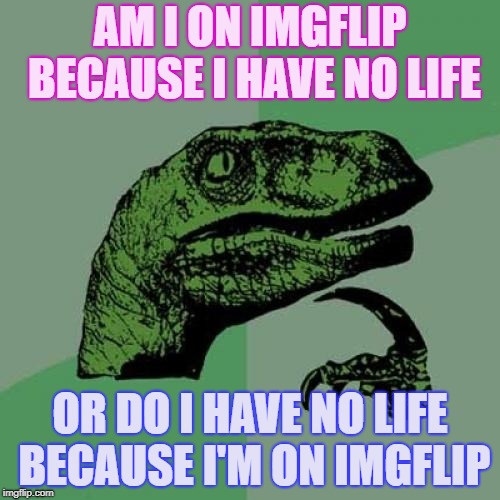 IDK what to put here | AM I ON IMGFLIP BECAUSE I HAVE NO LIFE; OR DO I HAVE NO LIFE BECAUSE I'M ON IMGFLIP | image tagged in memes,philosoraptor,imgflip,i have no life,introspective dinosaur | made w/ Imgflip meme maker