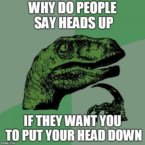 Philosoraptor | WHY DO PEOPLE SAY HEADS UP; IF THEY WANT YOU TO PUT YOUR HEAD DOWN | image tagged in memes,philosoraptor | made w/ Imgflip meme maker