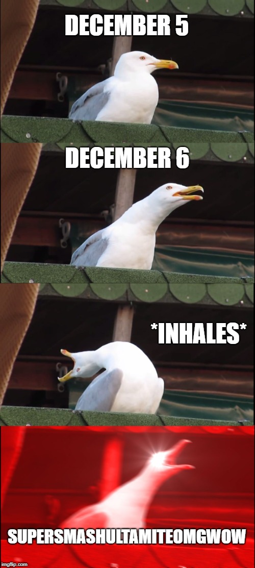 Inhaling Seagull | DECEMBER 5; DECEMBER 6; *INHALES*; SUPERSMASHULTAMITEOMGWOW | image tagged in memes,inhaling seagull | made w/ Imgflip meme maker