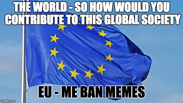 The European Union | THE WORLD - SO HOW WOULD YOU CONTRIBUTE TO THIS GLOBAL SOCIETY; EU - ME BAN MEMES | image tagged in the european union | made w/ Imgflip meme maker