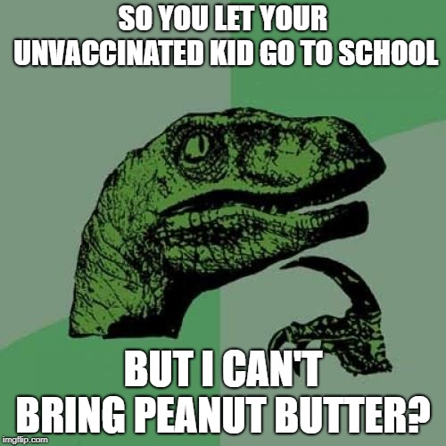 Philosoraptor | SO YOU LET YOUR UNVACCINATED KID GO TO SCHOOL; BUT I CAN'T BRING PEANUT BUTTER? | image tagged in memes,philosoraptor,funny | made w/ Imgflip meme maker
