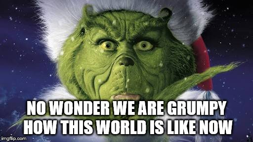 grinch | NO WONDER WE ARE GRUMPY HOW THIS WORLD IS LIKE NOW | image tagged in grinch hater,donald trump,world,hate | made w/ Imgflip meme maker