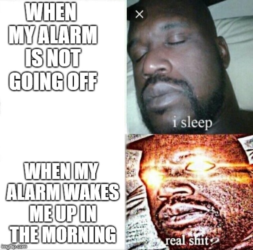 Early to bed, early to rise | WHEN MY ALARM IS NOT GOING OFF; WHEN MY ALARM WAKES ME UP IN THE MORNING | image tagged in memes,sleeping shaq | made w/ Imgflip meme maker