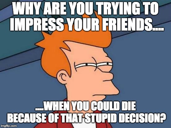 Futurama Fry Meme | WHY ARE YOU TRYING TO IMPRESS YOUR FRIENDS.... ....WHEN YOU COULD DIE BECAUSE OF THAT STUPID DECISION? | image tagged in memes,futurama fry | made w/ Imgflip meme maker