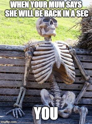 Waiting Skeleton Meme |  WHEN YOUR MUM SAYS SHE WILL BE BACK IN A SEC; YOU | image tagged in memes,waiting skeleton | made w/ Imgflip meme maker