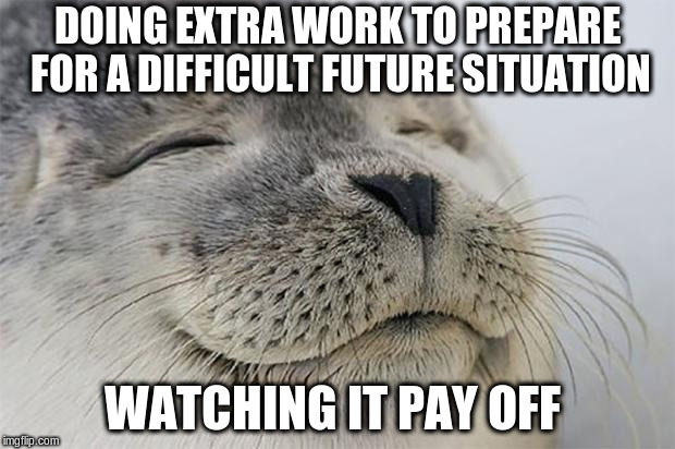 Satisfied Seal Meme | DOING EXTRA WORK TO PREPARE FOR A DIFFICULT FUTURE SITUATION; WATCHING IT PAY OFF | image tagged in memes,satisfied seal,AdviceAnimals | made w/ Imgflip meme maker