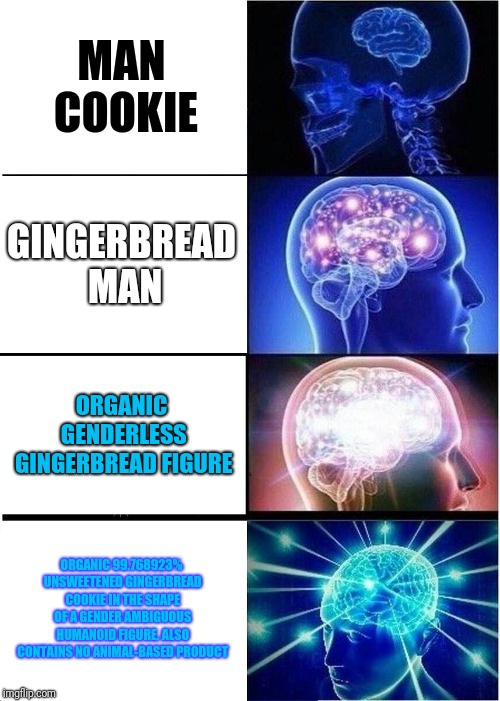 MAN COOKIE GINGERBREAD MAN ORGANIC GENDERLESS GINGERBREAD FIGURE ORGANIC 99.768923% UNSWEETENED GINGERBREAD COOKIE IN THE SHAPE OF A GENDER  | image tagged in memes,expanding brain | made w/ Imgflip meme maker
