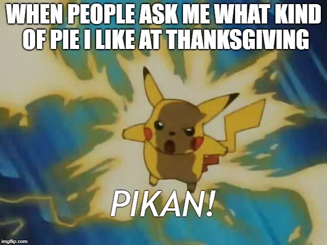 I Know it's Past Thanksgiving, But What The Heck, I Like Pie | WHEN PEOPLE ASK ME WHAT KIND OF PIE I LIKE AT THANKSGIVING; PIKAN! | image tagged in pikachu,electricity,thanksgiving,happy thanksgiving,pie | made w/ Imgflip meme maker