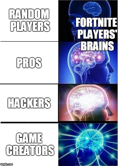 Expanding Brain Meme | RANDOM PLAYERS; FORTNITE PLAYERS' BRAINS; PROS; HACKERS; GAME CREATORS | image tagged in memes,expanding brain | made w/ Imgflip meme maker